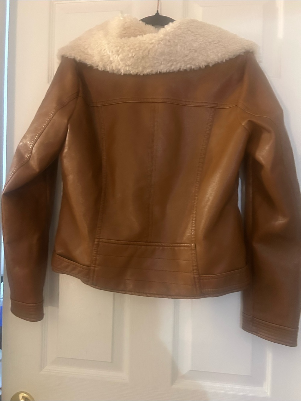 BCBG Tan Faux-Leather Moto Jacket with Cream Sherpa Collar - Picture 2 of 15